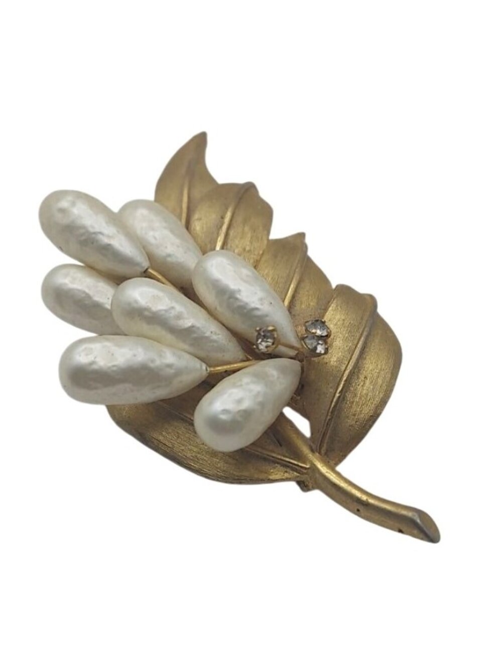 Baroque Pearl Brooch Gold Tone Floral Leaf Rhinestone Pin Vintage Mid-Century